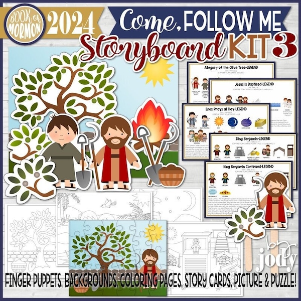 Book of Mormon Storyboard Kit 3, Come, Follow Me, MARCH & APRIL, Allegory of the Olive Tree, Jesus is Baptized, Enos, King Benjamin