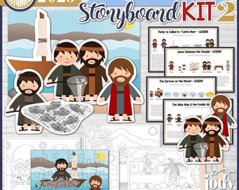 May include: A colorful printable kit for teaching children about the New Testament. The kit includes finger puppets, backgrounds, coloring pages, story cards, a picture puzzle, and legends for each story. The stories include Peter is Called to "Catch Men", Jesus Cleanses the Temple, The Sermon on the Mount, and The Wise Man & the Foolish Man.