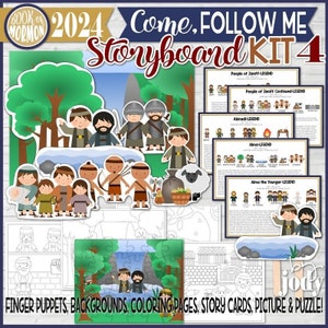 Op de afbeelding: Een kleurrijke printbare set voor het onderwijzen van het Boek van Mormon. De set bevat vingerpoppen, achtergronden, kleurplaten, verhaalkaarten, een puzzel en een titelkaart met de tekst "Come, Follow Me Storyboard Kit 4".