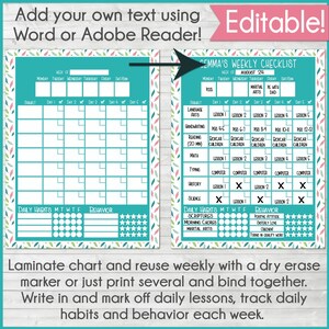 5 Day Homeschool Weekly Checklist, Editable Homeschool Planner, Digital Printable image 3