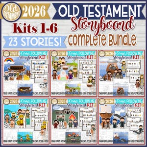Könnte beinhalten: Ein komplettes Bundle der Altes Testament Storyboard Kits 1-6 mit 23 Geschichten. Jedes Kit enthält Fingerpuppen, Hintergründe, Malvorlagen, Storykarten, Bilder und Puzzles. Das Bild zeigt farbenfrohe Illustrationen und Text.