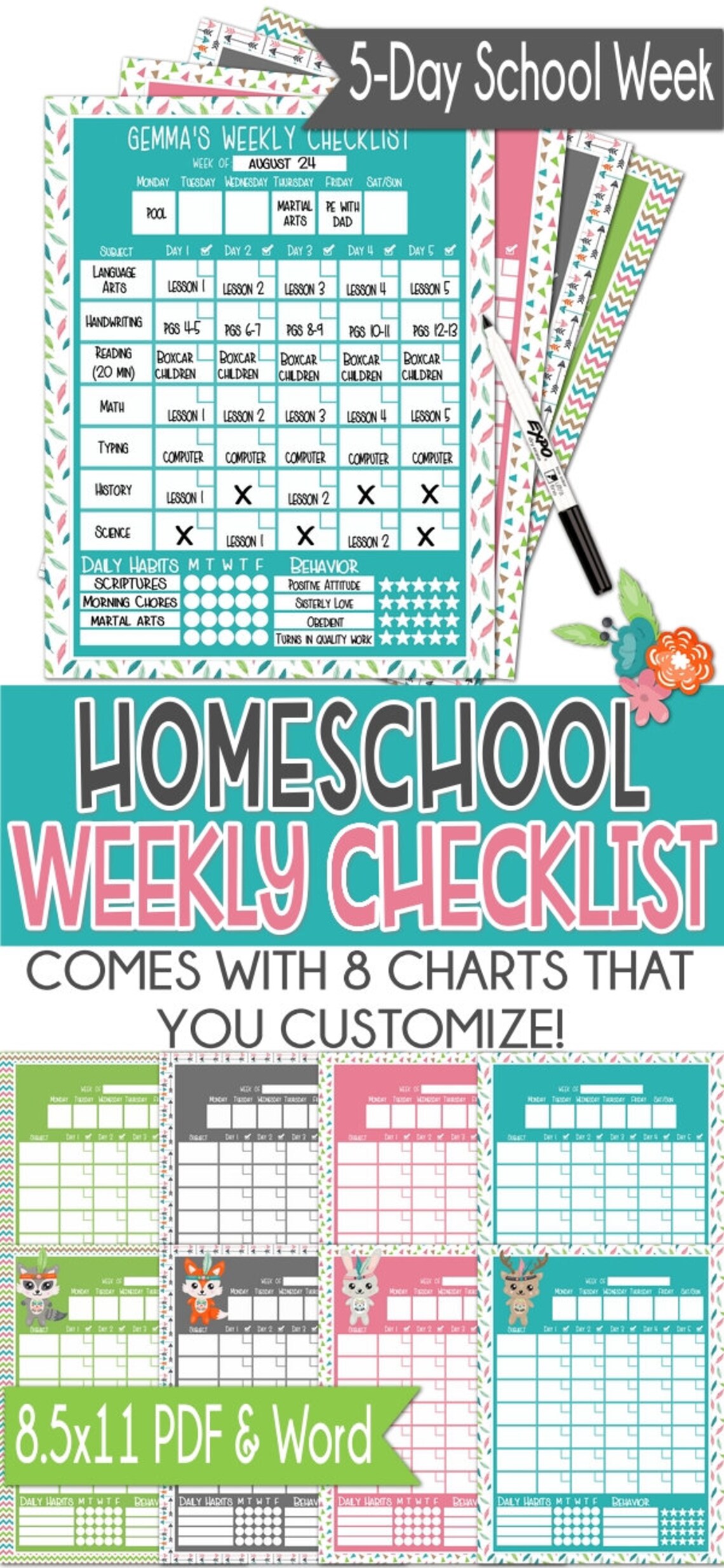 5 Day Homeschool Weekly Checklist Editable Homeschool - Etsy