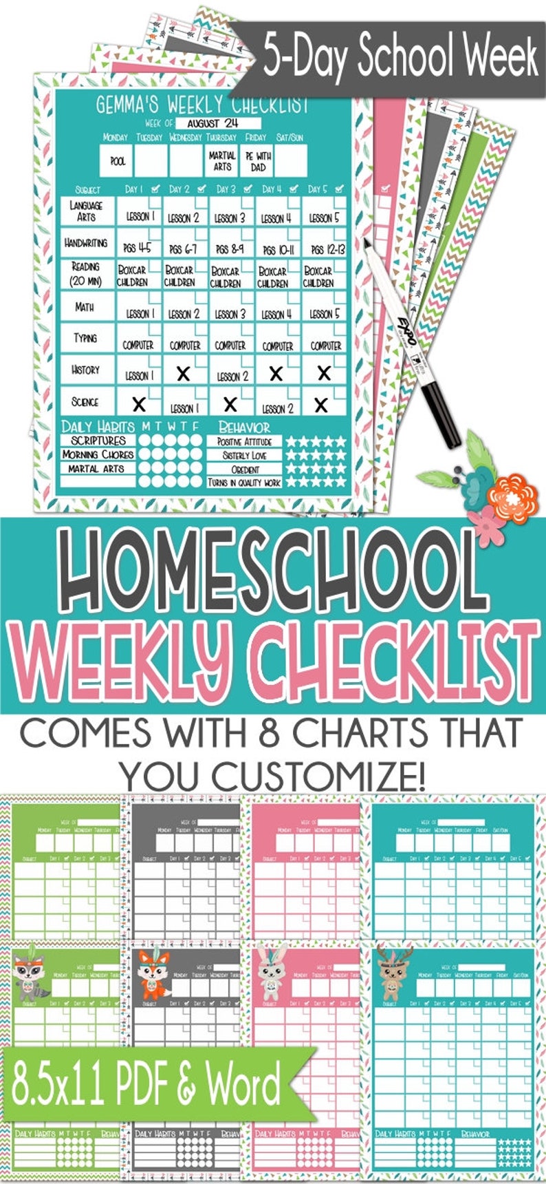 5 Day Homeschool Weekly Checklist, Editable Homeschool Planner, Digital Printable image 5