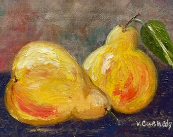 Original Oil Painting on Canvas Board “Pears”, Small Art 7”x5, ooak painting, hand painted, made in USA