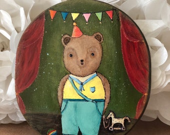 Original Small Acrylic Painting “Old Circus  Bear”, Wood Block Art, ooak, Wood Panel Wall Decor, Hand Painted, Made in USA