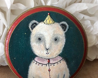 Original Old Circus White Bear “Zita”, Painting on Wood, Wood Block Art, ooak, Wood Panel Wall Decor, Hand Painted, Made in USA