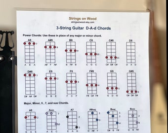 Laminated D-A-d Chord chart for 3-String Guitar, Cigar Box Guitar, or Chromatic Stick Dulcimer