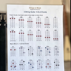 Laminated D-A-d or G-D-g Chord chart for 3-String Guitar, Cigar Box Guitar, or Chromatic Stick Dulcimer