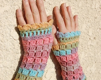 Multicolored hand crocheted mittens