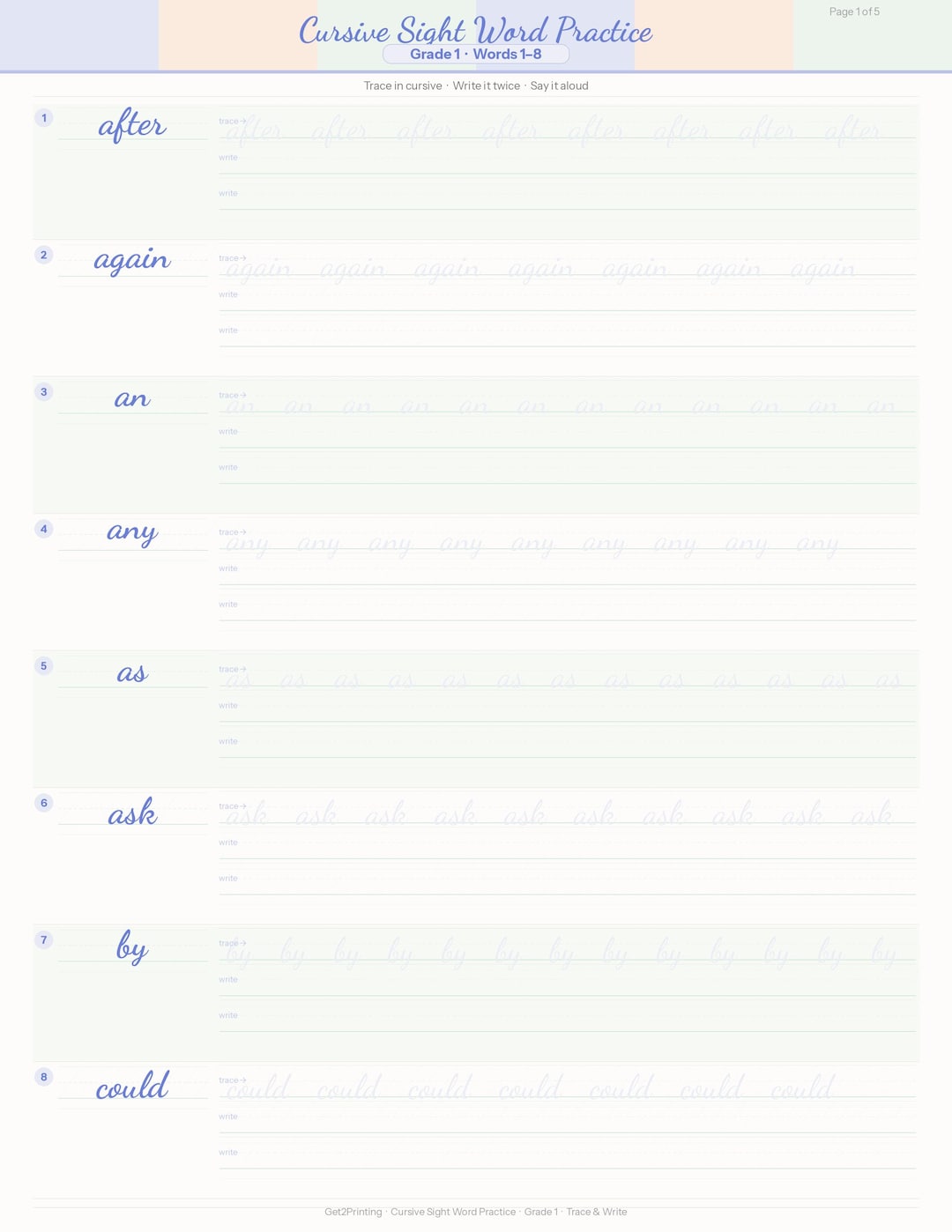 Cursive Sight Word Practice Worksheets | Dolch Fry Words (digital ...