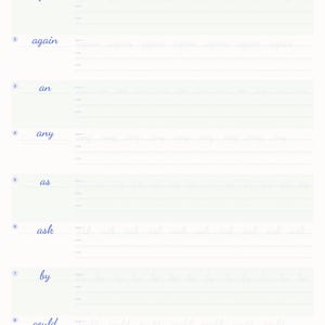 May include: A worksheet for cursive sight word practice, featuring words like "after," "again," and "an." The top of the page has the title "Cursive Sight Word Practice" and "Grade 1 Words 1-8." Each word is written in cursive, with space to trace and write.