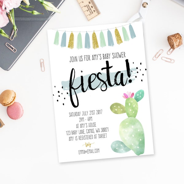 cactus Baby Shower Invite, Fiesta baby shower invitation, Baby Boy shower, cactus and succulent theme, printable, mint and blue gold tassel