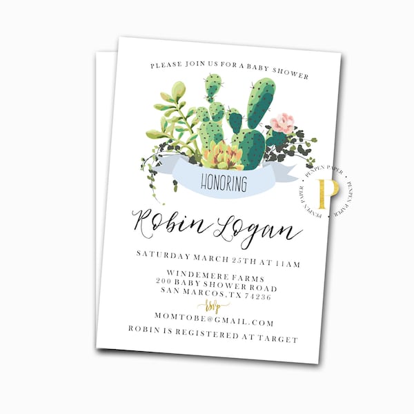 Cactus Baby Shower Invite, Printable Baby boy Shower Invitation, Boho Desert Baby Shower, Country Western Baby Shower, succulents shower