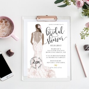 Printable Bridal Shower Invitation // Ethnic Bride illustration // Wedding gown // Bachorlorette Party // Glitter bride image 1