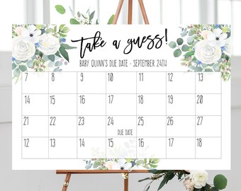 Errate das Fälligkeitsdatum, Baby Shower Spiel, Baby Sprenkel, Printable, Fälligkeitsdatum Spiel, geschlechtsneutral, blaue Blumen, Poster, (16x20, 18x24, 24x36)