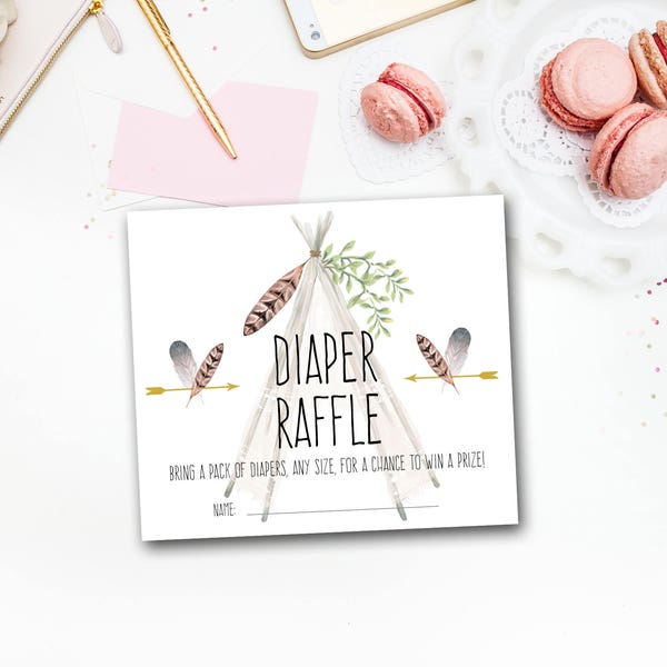 Diaper Raffle Card, tee pee theme, boho baby shower invite, insert, baby shower game, invitation details card, nappy raffle, PP1002