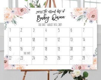 Pink and blue flower Baby Shower Game, Guess the birth, Printable, Baby sprinkle game, due date calendar, 16x20, 18x24, 24x36