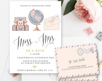 Bridal Shower Invite, Travelling from Miss to Mrs, Travel theme invitation, vintage globe, suitcase, letter, Printable custom invite