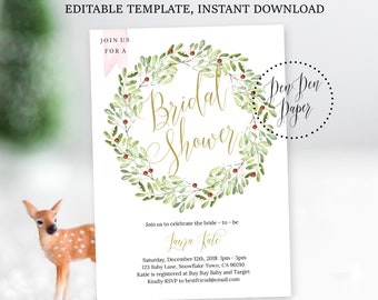 christmas bridal shower invite, invitation template, wreath, mistletoe, instant download, printable, gende neutral, holiday shower
