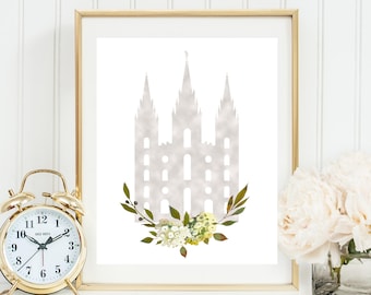 Salt Lake Tempel druckbare, HLT-Dekor, sofortiger download, Marmor und Blumen, Salt Lake Tempel Silhouette, Kranz, druckbare Wandkunst