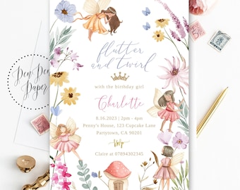 Fairy Birthday Invitation, editable, Garden Floral Fairy Birthday Invite flutter and twirl watercolor Instant Download