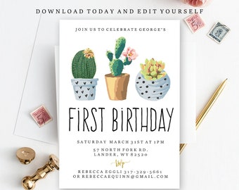 Cactus Birthday Party Invitation, editable first birthday Invitation Template, DIY instant download, Baby boy Invitation, PP1001