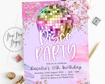 Editable dance party invite, disco party invite, purple sparkle, rainbow disco, holographic, edit yourself, printable, birthday invitation