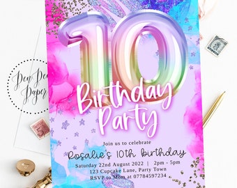 Editable 10 ten girl birthday party invitation, pink sparkle, rainbow glitter, holographic, edit yourself, printable, birthday invite, 10th