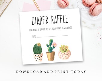 Printable Diaper Raffle Card, Cactus Baby shower theme, Baby shower game, printable, invitation insert, details card