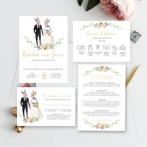 Rustic Woodland Wedding Invitation, Printable wedding suite, Summer wedding invite, Rabbit bride and groom, Custom wedding invitation suite