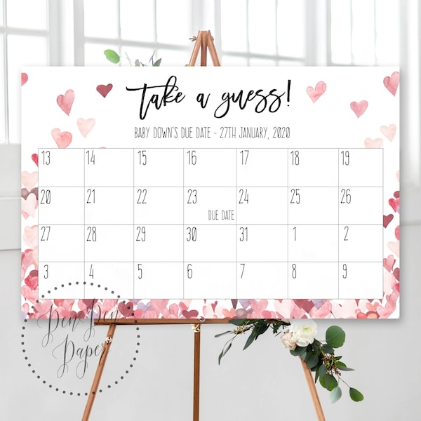 Indovina la data di scadenza, gioco baby shower, cospargere il bambino, stampabile, gioco della data di scadenza, genere neutro, cuore d'amore, San Valentino, rosa, poster, PPLOVE