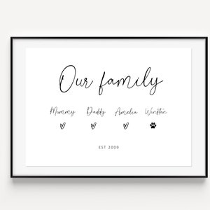 Our Family, Personalised family print, home decor, Personalised Wedding Gift, family and pet names Print, wedding anniversary gift