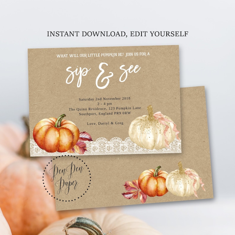 editable pumpkin gender reveal invite thanksgiving rustic pumpkin invite INSTANT DOWNLOAD sip n see invitation invitation template