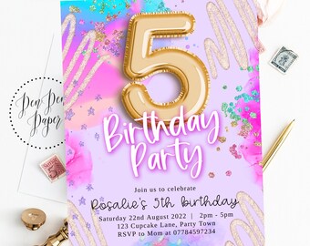 Editable 5th birthday party invite, helium balloon, pink sparkle, rainbow glitter, holographic, edit yourself, printable, birthday invite,