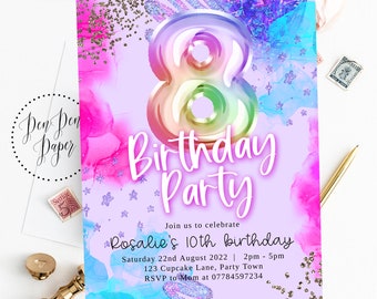 Editable girl birthday party invitation, pink sparkle, rainbow glitter, holographic, edit yourself, printable, birthday invite, 8, eight