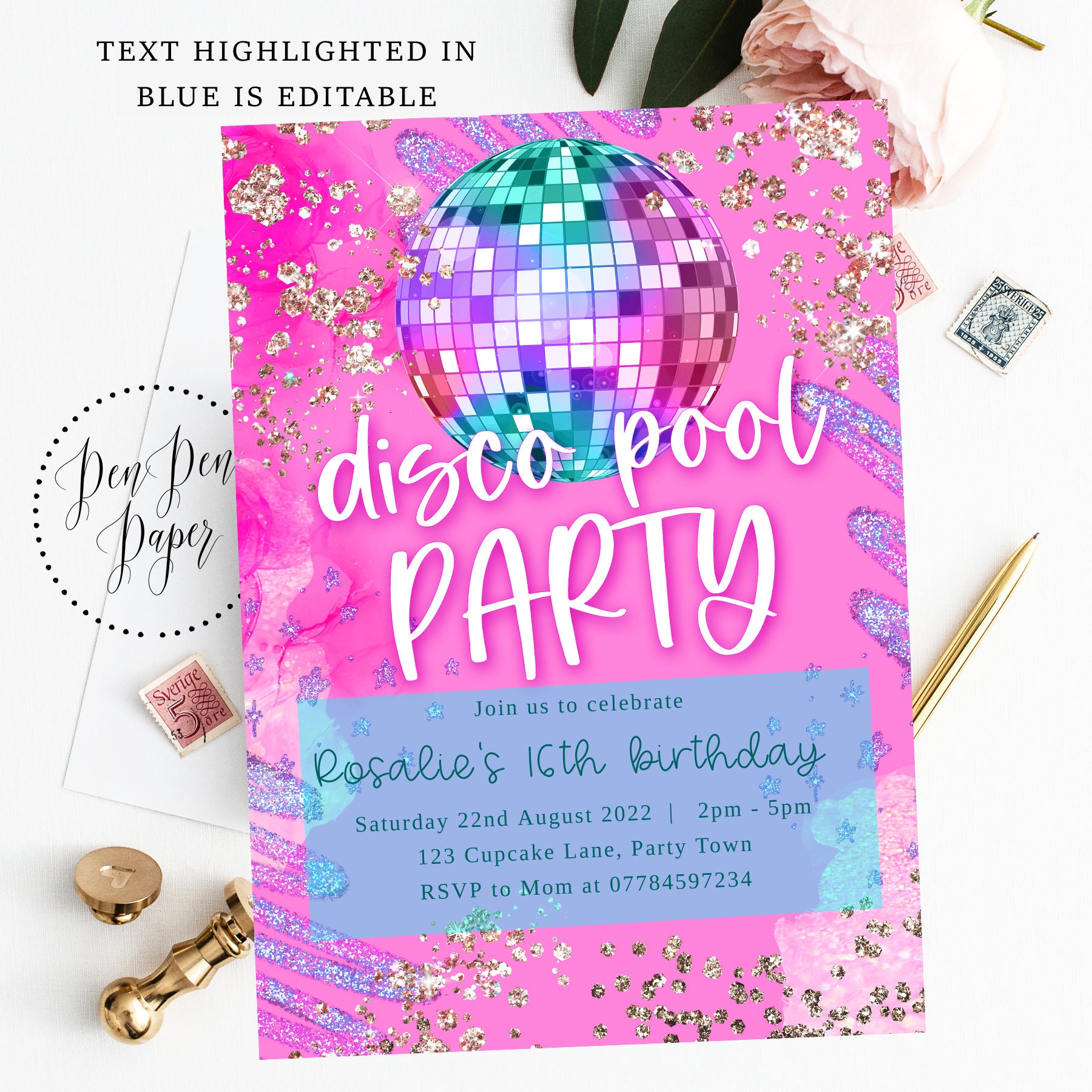 editable-disco-pool-party-invite-disco-party-pink-purple-sparkle