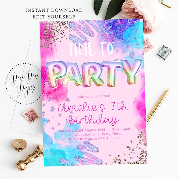 Editable girl party invite, helium balloon writing, pink sparkle, rainbow glitter, holographic, edit yourself, printable, birthday invite