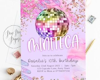 Editable dance party invite, Miniteca party invitation, purple sparkle, rainbow disco, holographic, edit yourself, printable, birthday