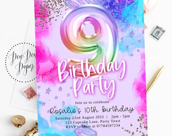 Editable 9 nine girl birthday party invitation, pink sparkle, rainbow glitter, holographic, edit yourself, printable, birthday invite, 9th