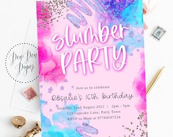 Editable slumber party invite, sleepover invite, pink purple sparkle, holographic, edit yourself, printable, birthday invitation