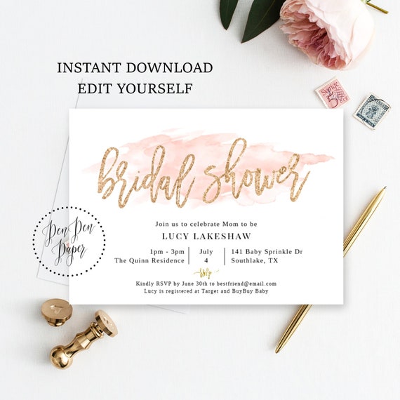watercolor PPROSEGOLD Rose Gold bridal shower invitation template INSTANT DOWNLOAD edit yourself Bride squad blush and glitter effect