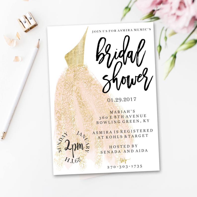 Bridal Shower Invitation, Blush and Gold, wedding dress, glitter dress, PDF JPEG, print yourself, fashion, shower the bride invitation image 1