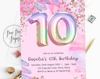 Editable 10th party invite, sparkle, pink, helium balloon, holographic, edit yourself, printable, birthday invitation, ten girl