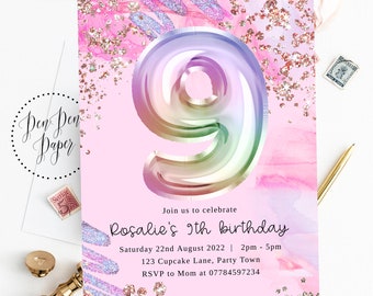 9th Birthday party invite, disco party, pink sparkle, pink, holographic, edit yourself, printable, birthday invitation nine girl birthday