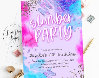 Editable slumber party invite, sleepover invite, pink purplesparkle, holographic, edit yourself, printable, birthday invitation