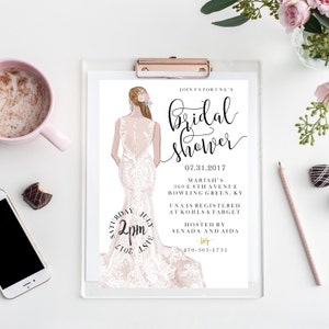 Printable Bridal Shower Invitation // Ethnic Bride illustration // Wedding gown // Bachorlorette Party // Glitter bride image 3