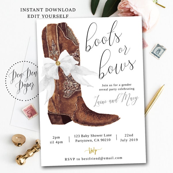 Boots or bows, gender reveal invite, printable, edit yourself invitation, INSTANT DOWNLOAD, white bow, cowboy boot, co ed baby shower