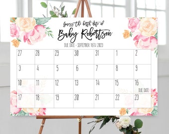 Pink and orange flower Baby Shower Game, Guess the Date, Guess the arrival of baby, Printable, due date calendar, 16x20, 18x24, 24x36