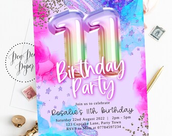 Editable 11 eleven girl birthday party invitation, pink sparkle, rainbow glitter, holographic, edit yourself, printable, birthday invite,