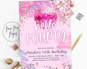 Editable 40th birthday invite, disco party, pink sparkle, dance, holographic, edit yourself, printable, birthday invitation, hello fourty